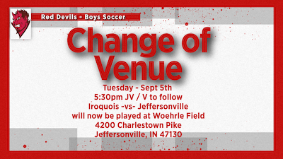 Tue - Sept 5th - Boys Soccer moved to Woehrle Field cover photo