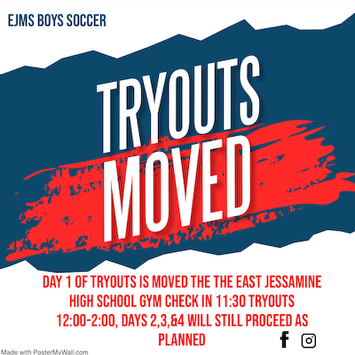 ATTENTION!!! EJMS Boys Soccer Tryouts have been Moved!! cover photo